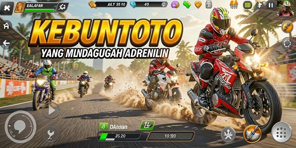 Screenshot gameplay KEBUNTOTO menampilkan balapan motor yang mendebarkan.