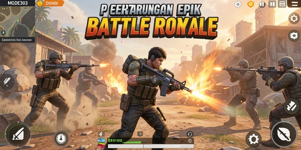Screenshot gameplay MODE303 menampilkan pertarungan sengit dalam arena Battle Royale.