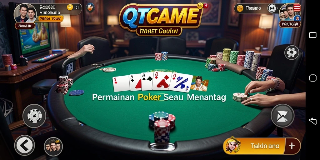 Tangkapan layar utama QTGAME menampilkan momen seru bermain poker online.