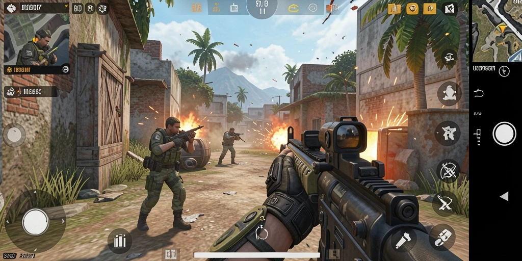 Tangkapan layar utama SD107 menampilkan gameplay FPS yang intens dan menyenangkan.